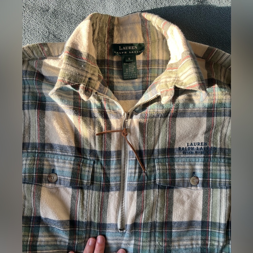 Vintage Lauren Ralph Lauren Women’s Flannel Zip Jacket - Green and Cream